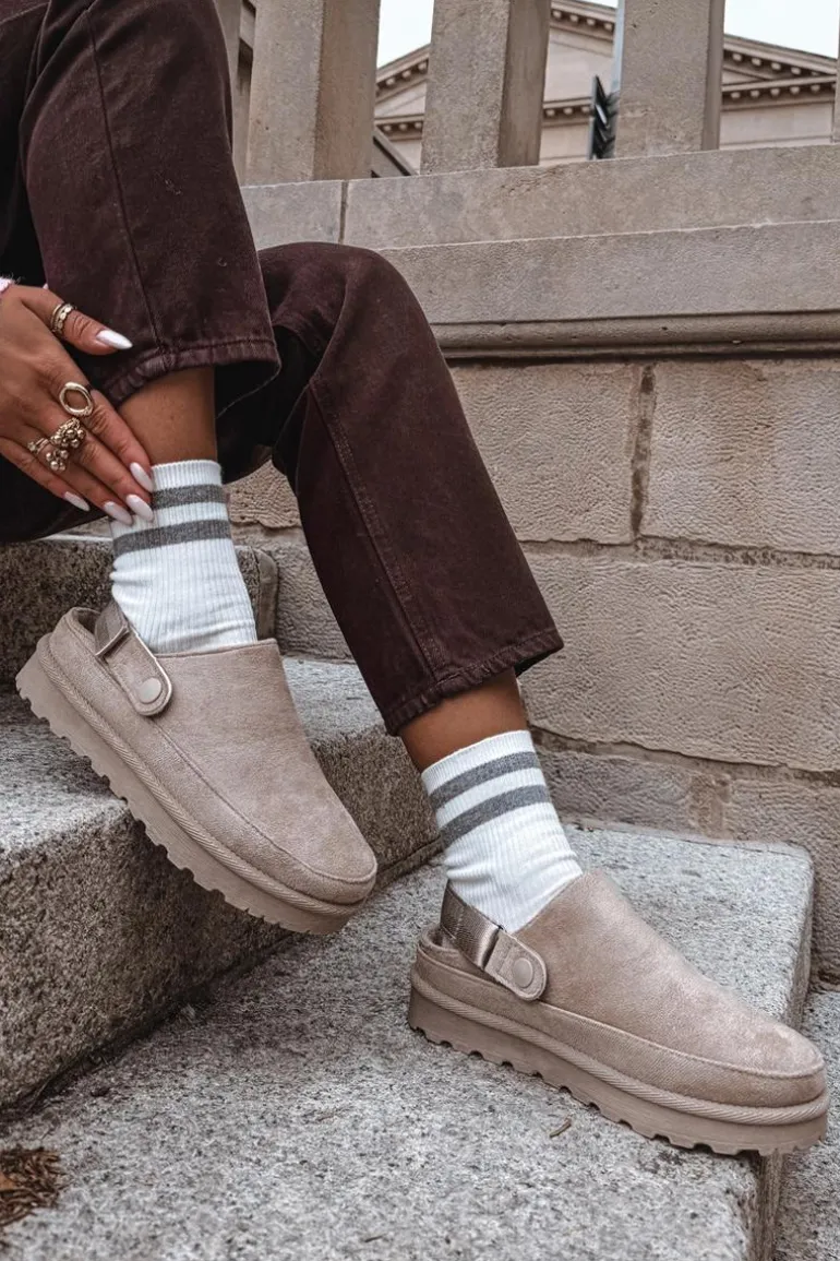 Damskie Kapcie Ocieplane Futerkiem Na Platformie Beżowe Azida