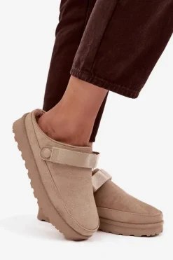 Damskie Kapcie Ocieplane Futerkiem Na Platformie Beżowe Azida