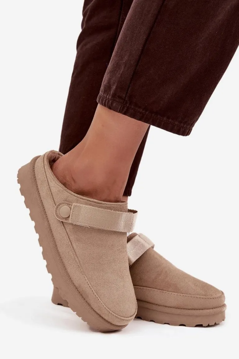 Damskie Kapcie Ocieplane Futerkiem Na Platformie Beżowe Azida