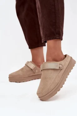 Damskie Kapcie Ocieplane Futerkiem Na Platformie Beżowe Azida