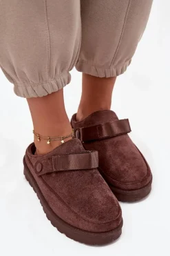 Damskie Kapcie Ocieplane Futerkiem Na Platformie Czekoladowe Azida