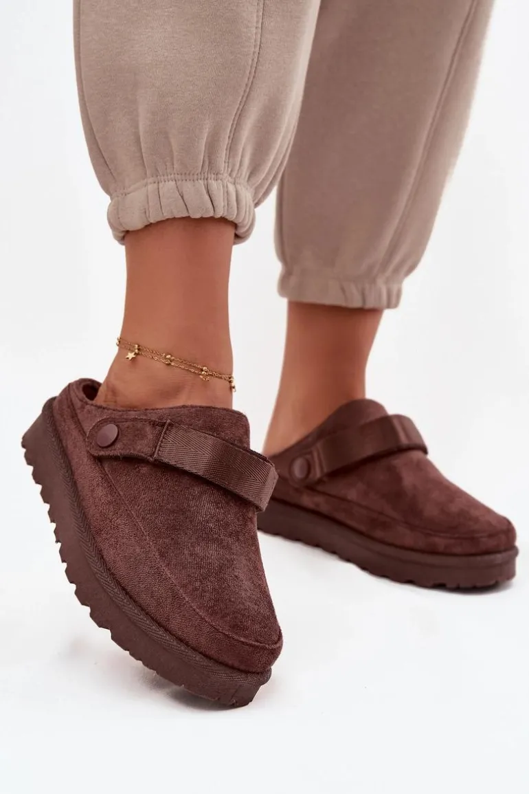 Damskie Kapcie Ocieplane Futerkiem Na Platformie Czekoladowe Azida