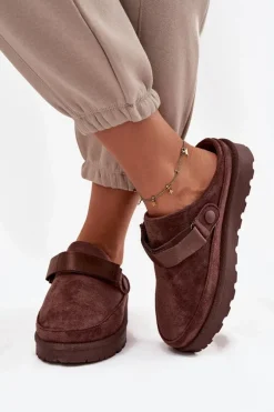 Damskie Kapcie Ocieplane Futerkiem Na Platformie Czekoladowe Azida
