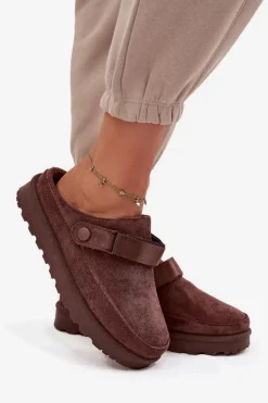 Damskie Kapcie Ocieplane Futerkiem Na Platformie Czekoladowe Azida