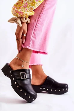 Damskie Klapki Chodaki Na Obcasie Czarne Ivette