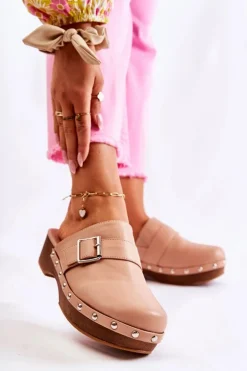 Damskie Klapki Chodaki Na Obcasie Beżowe Ivette