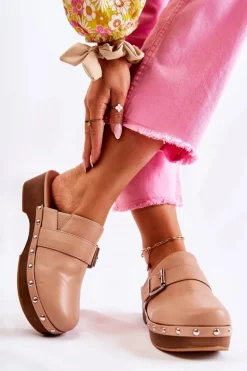 Damskie Klapki Chodaki Na Obcasie Beżowe Ivette