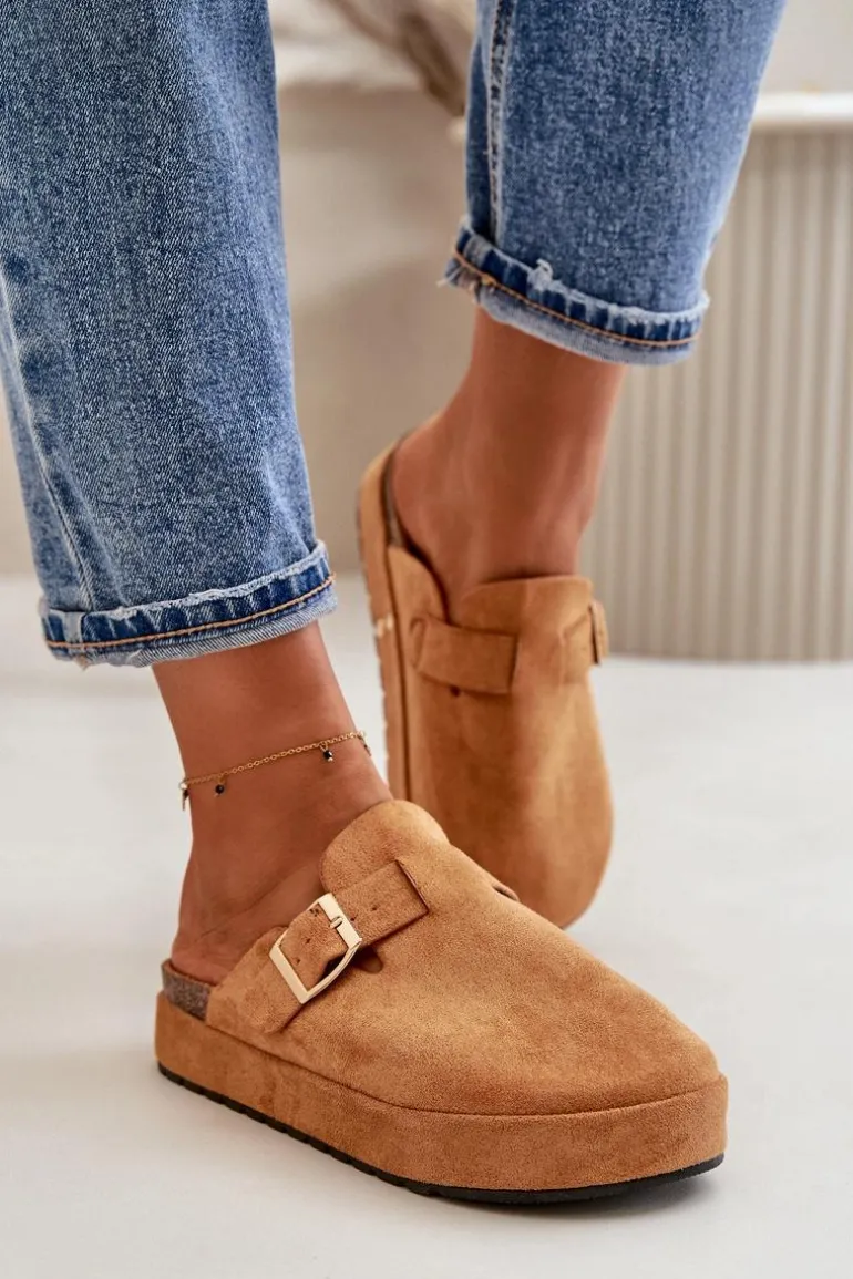 Damskie Klapki Chodaki Na Platformie Ze Złotą Klamrą Camel Terilaina