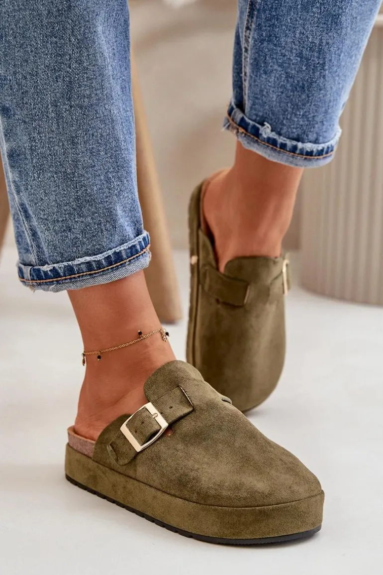 Damskie Klapki Chodaki Na Platformie Ze Złotą Klamrą Ciemnozielone Terilaina