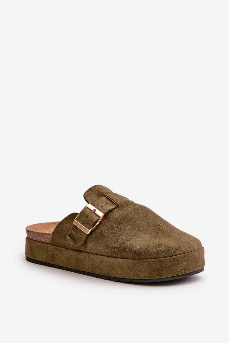 Damskie Klapki Chodaki Na Platformie Ze Złotą Klamrą Ciemnozielone Terilaina