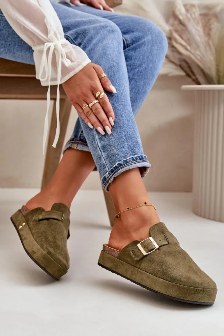 Damskie Klapki Chodaki Na Platformie Ze Złotą Klamrą Ciemnozielone Terilaina