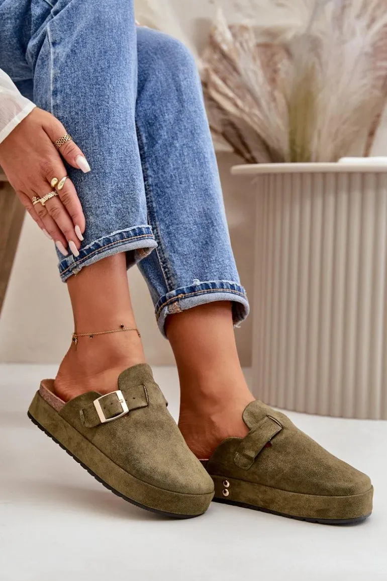 Damskie Klapki Chodaki Na Platformie Ze Złotą Klamrą Ciemnozielone Terilaina