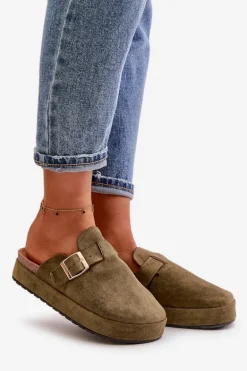 Damskie Klapki Chodaki Na Platformie Ze Złotą Klamrą Ciemnozielone Terilaina