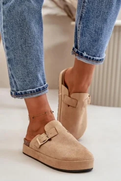 Damskie Klapki Chodaki Na Platformie Ze Złotą Klamrą Ciemnobeżowe Terilaina