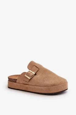 Damskie Klapki Chodaki Na Platformie Ze Złotą Klamrą Ciemnobeżowe Terilaina