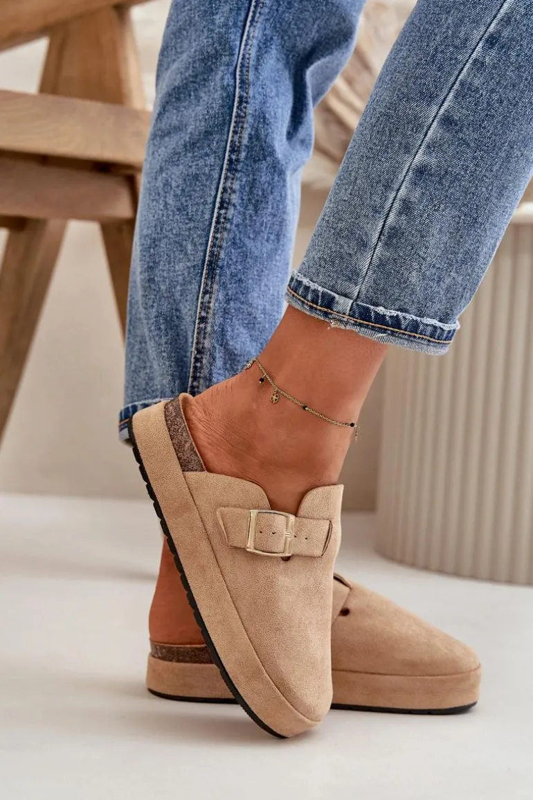 Damskie Klapki Chodaki Na Platformie Ze Złotą Klamrą Ciemnobeżowe Terilaina