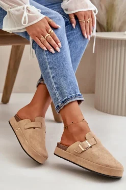 Damskie Klapki Chodaki Na Platformie Ze Złotą Klamrą Ciemnobeżowe Terilaina