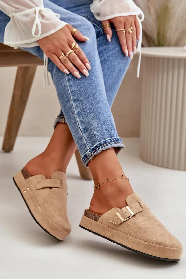 Damskie Klapki Chodaki Na Platformie Ze Złotą Klamrą Ciemnobeżowe Terilaina