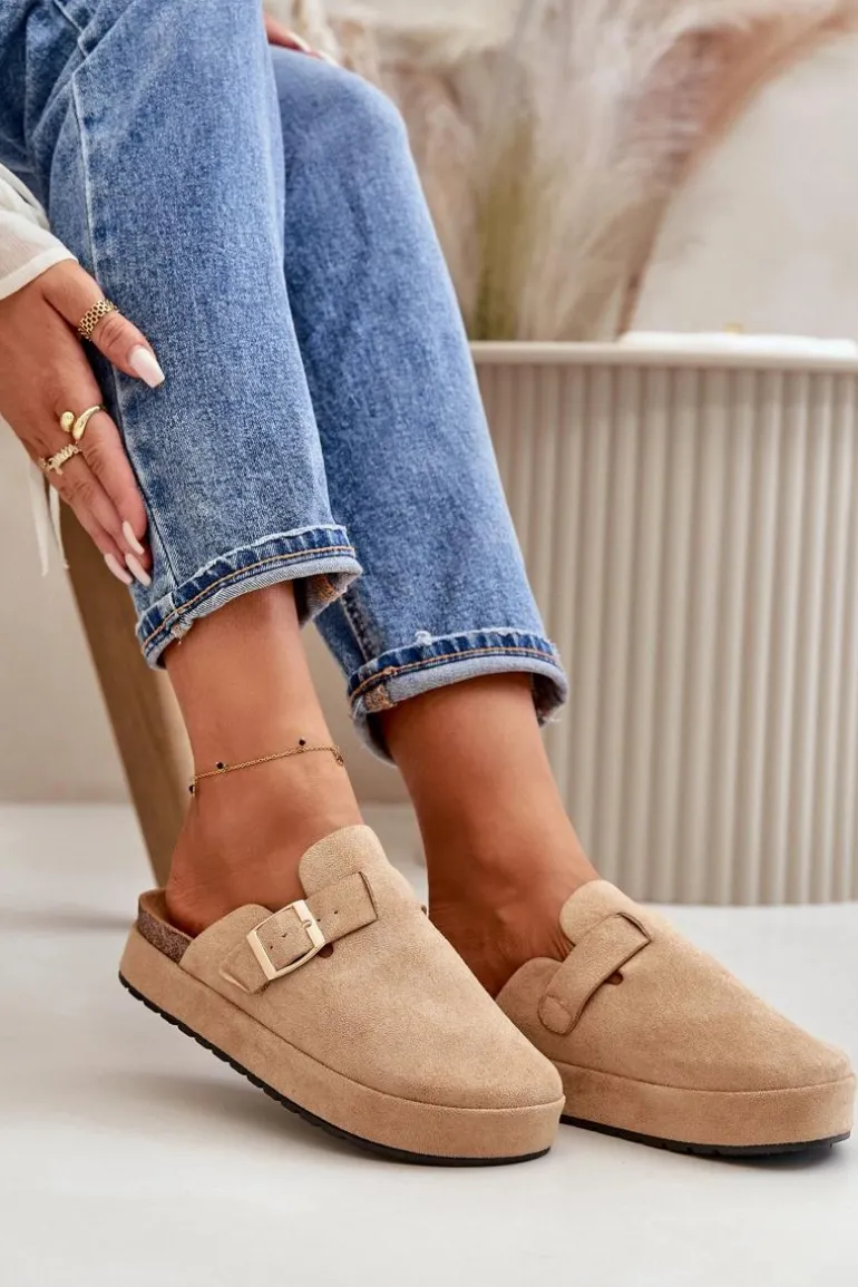 Damskie Klapki Chodaki Na Platformie Ze Złotą Klamrą Ciemnobeżowe Terilaina