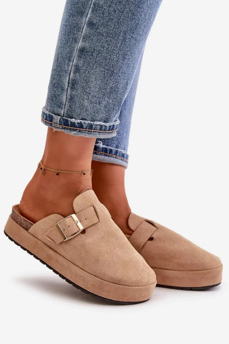 Damskie Klapki Chodaki Na Platformie Ze Złotą Klamrą Ciemnobeżowe Terilaina