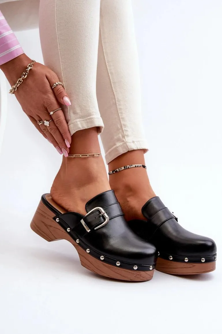 Damskie Klapki Chodaki Z Klamrą Czarne Seprilla