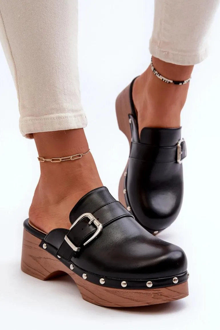 Damskie Klapki Chodaki Z Klamrą Czarne Seprilla