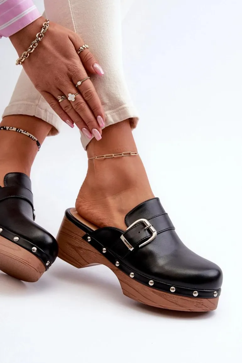 Damskie Klapki Chodaki Z Klamrą Czarne Seprilla