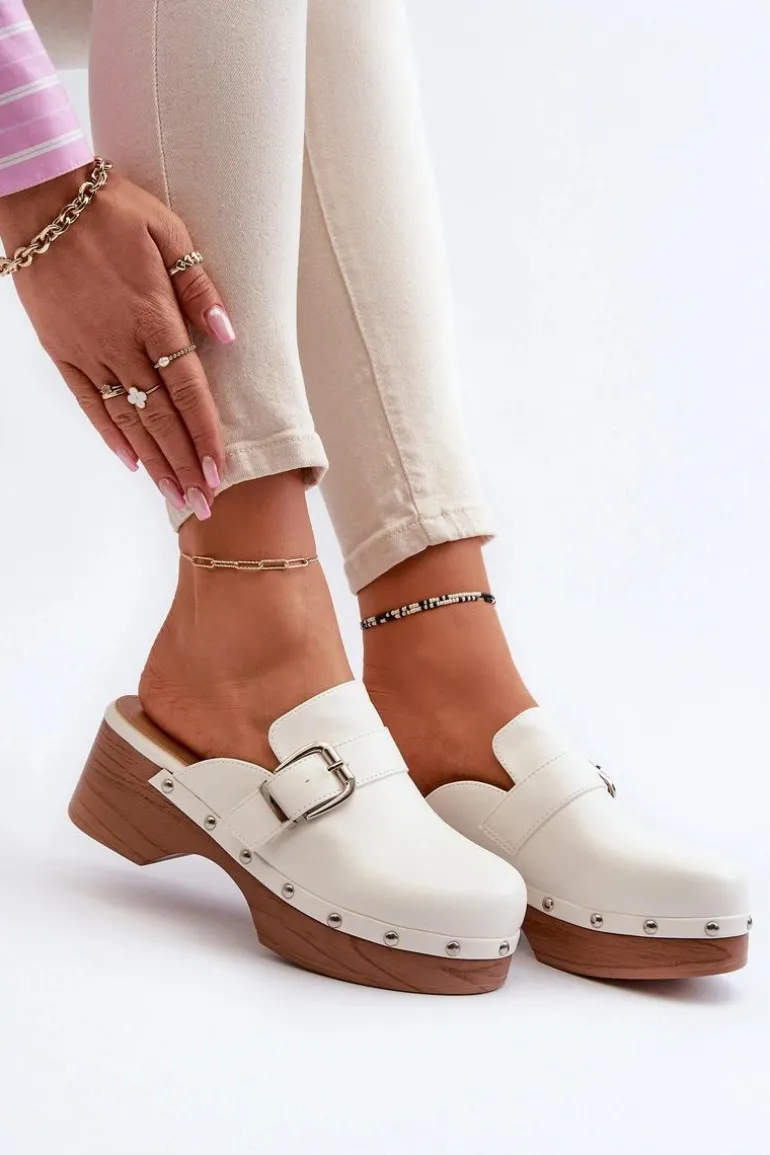 Damskie Klapki Chodaki Z Klamrą Białe Seprilla