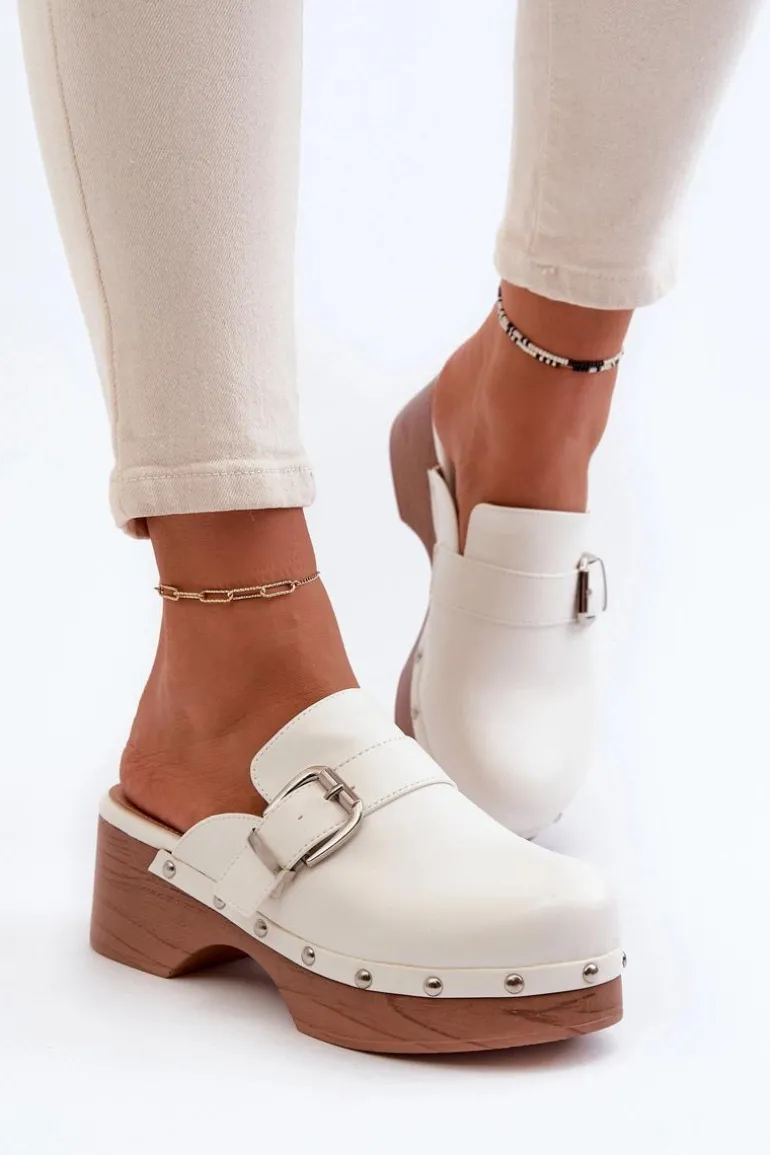 Damskie Klapki Chodaki Z Klamrą Białe Seprilla