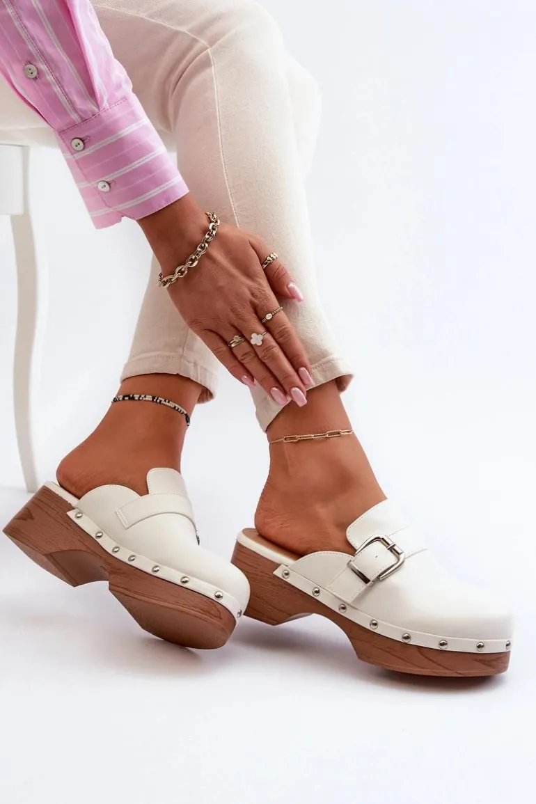 Damskie Klapki Chodaki Z Klamrą Białe Seprilla