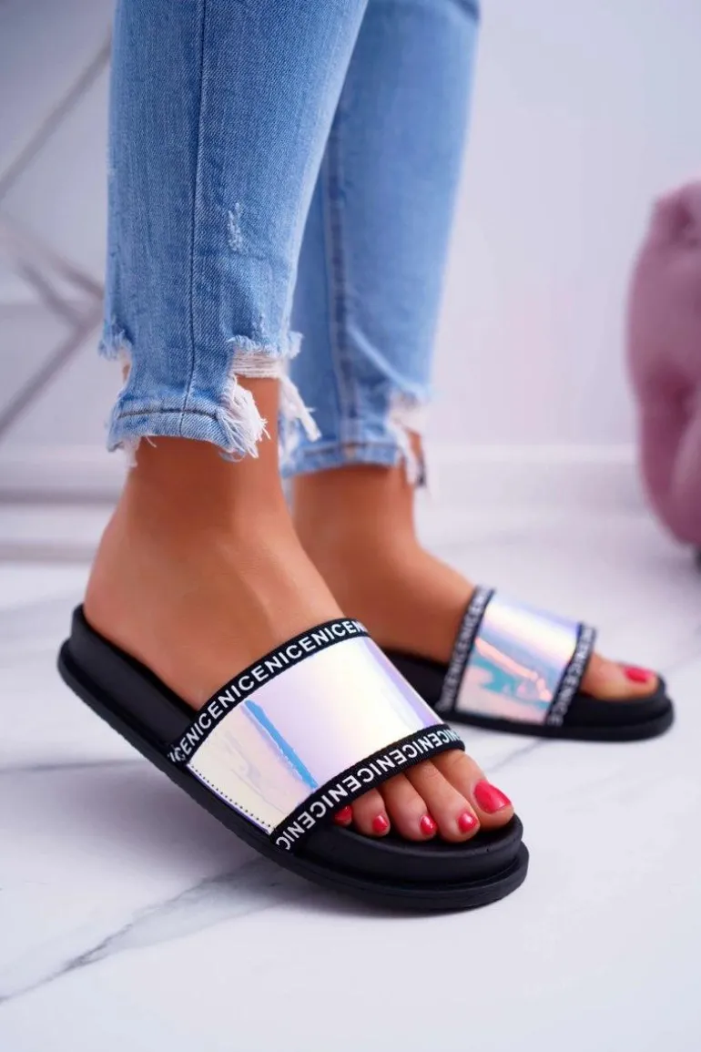 Damskie Klapki Czarne Opalizujące Nerdo