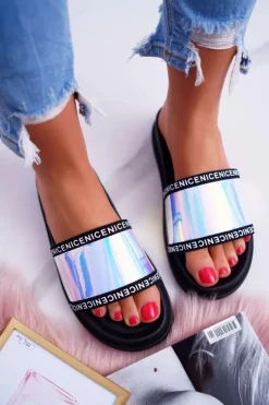 Damskie Klapki Czarne Opalizujące Nerdo