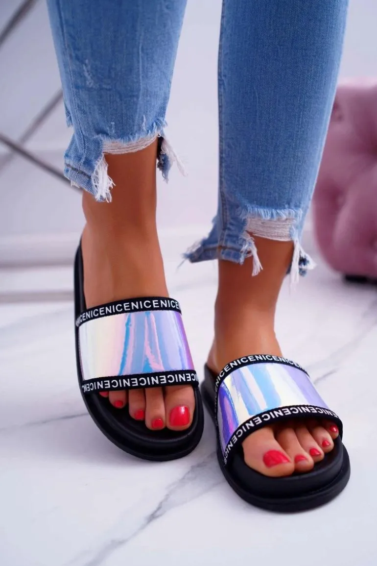 Damskie Klapki Czarne Opalizujące Nerdo