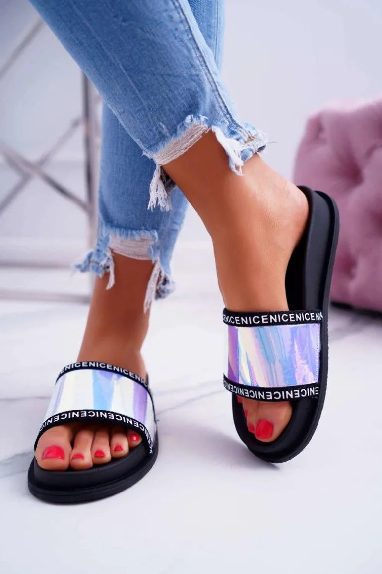 Damskie Klapki Czarne Opalizujące Nerdo