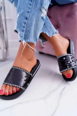 Damskie Klapki Czarne Opalizujące Nice
