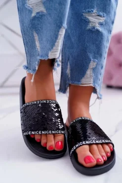Damskie Klapki Czarne Opalizujące Nice