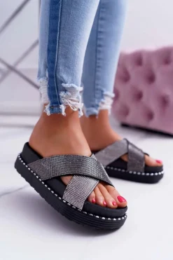 Damskie Klapki Czarne z Kryształkami Belmondo