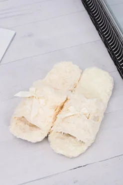 Damskie Klapki Domowe Beżowe Papcie ze Wstążką