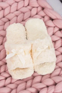 Damskie Klapki Domowe Beżowe Papcie ze Wstążką