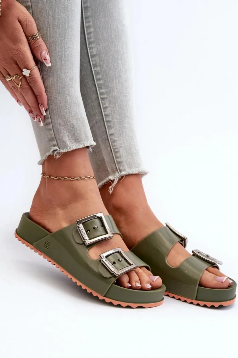 Damskie Klapki Gładkie ZAXY NN285057 Ciemnozielone