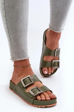 Damskie Klapki Gładkie ZAXY NN285057 Ciemnozielone