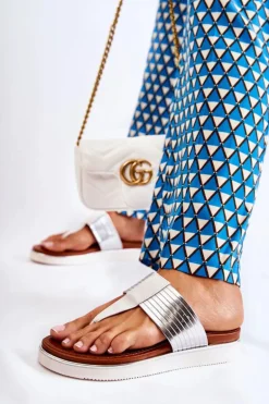 Damskie Klapki Japonki Na Platformie Biało-Srebrne Morissa