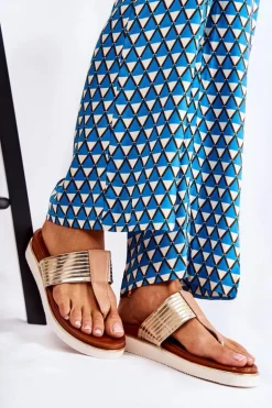 Damskie Klapki Japonki Na Platformie Beżowo-Złote Morissa