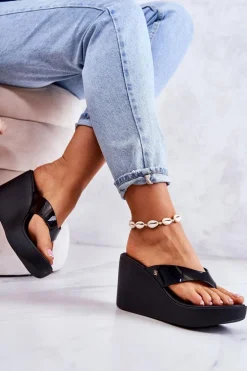 Damskie Klapki Japonki Na Koturnie ZAXY HH285292 Czarne