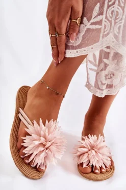 Damskie Klapki Japonki Z Materiałową Ozdobą Jasnoróżowe Eviana