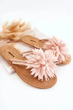 Damskie Klapki Japonki Z Materiałową Ozdobą Jasnoróżowe Eviana