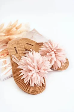 Damskie Klapki Japonki Z Materiałową Ozdobą Jasnoróżowe Eviana