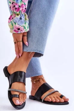 Damskie Klapki Japonki Z Ozdobnym Paskiem Czarne Sublime