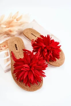 Damskie Klapki Japonki Z Materiałową Ozdobą Czerwone Eviana