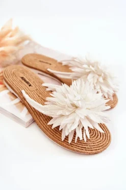 Damskie Klapki Japonki Z Materiałową Ozdobą Białe Eviana